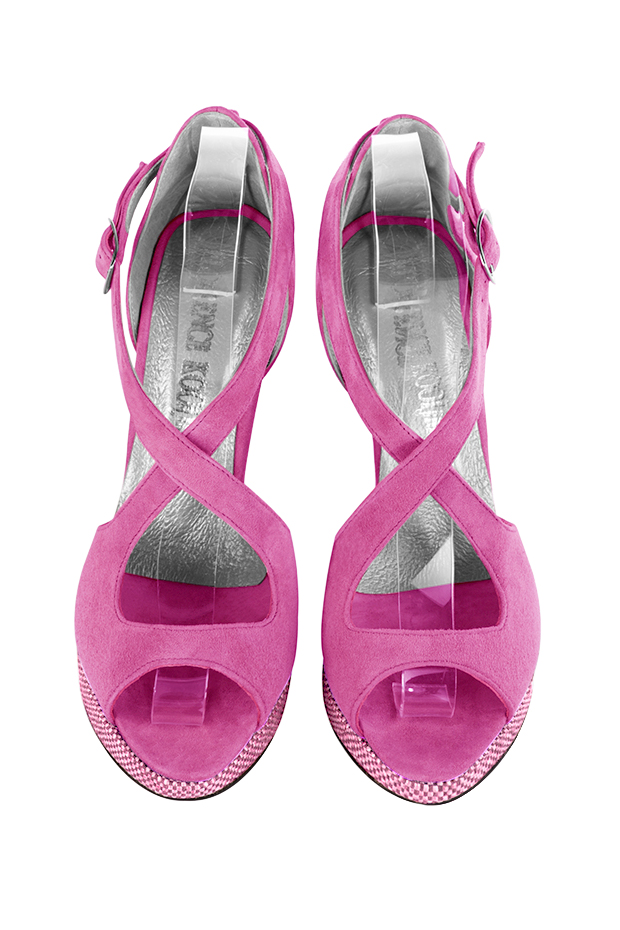 Shocking pink women's closed back sandals, with crossed straps. Round toe. Very high slim heel with a platform at the front. Top view - Florence KOOIJMAN